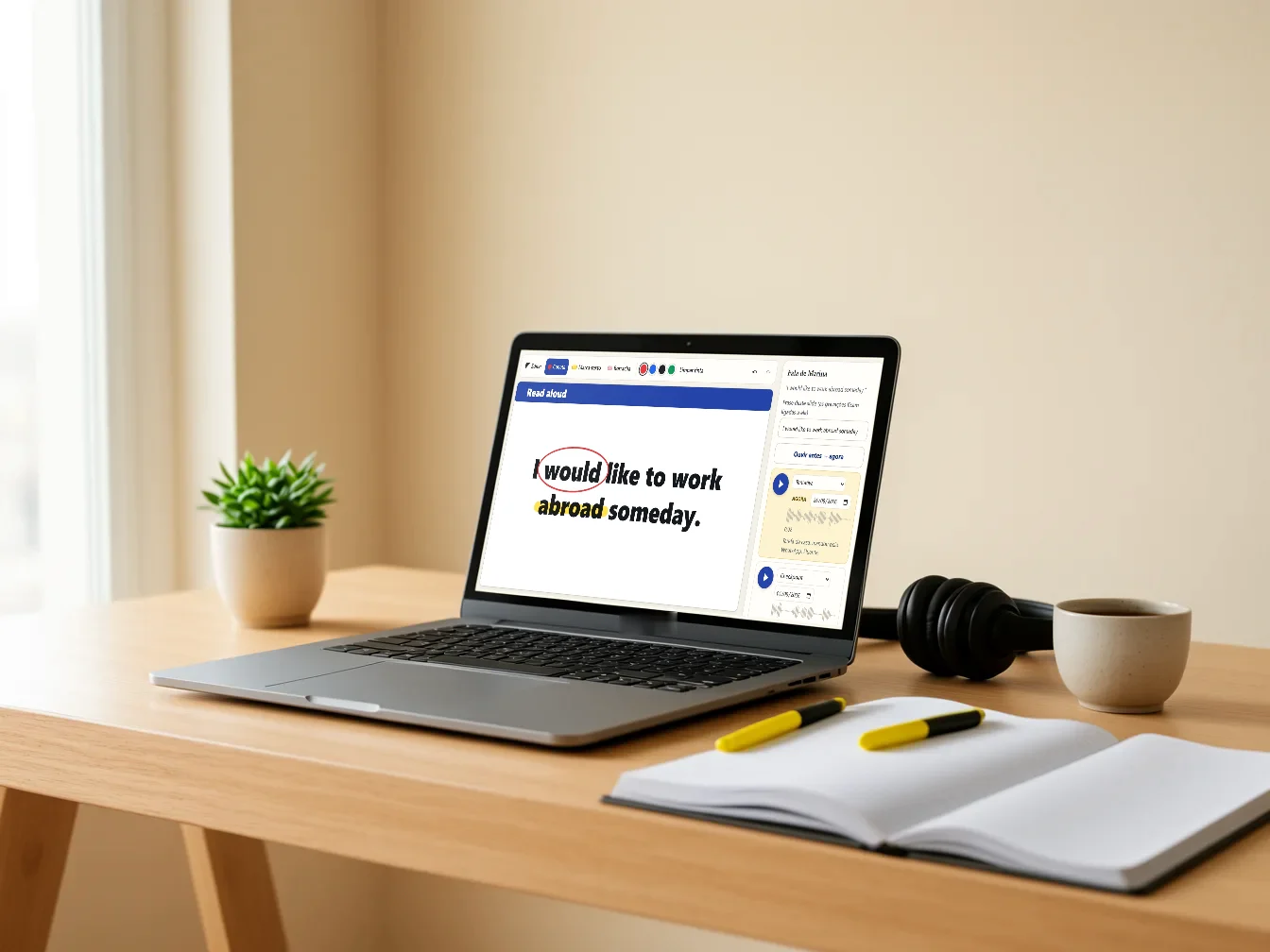 Mesa de professor pronta para a aula online: notebook com o Aulecko aberto, fone, caderno e marca-texto